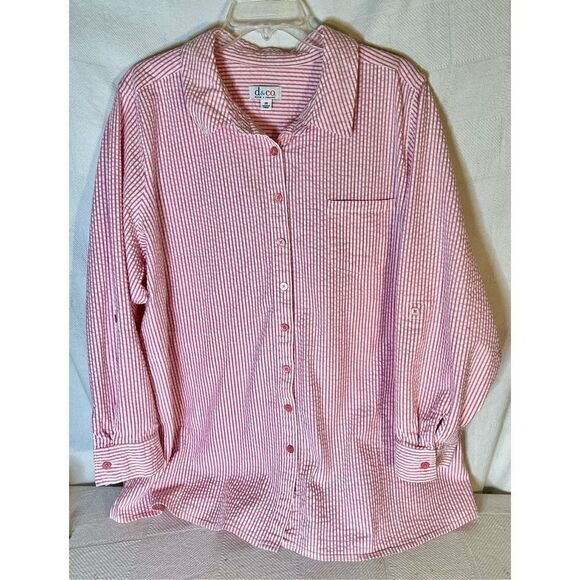 Denim&Co Tops - Denim & Co. Stretch Seersucker Long Sleeve Top Pink/White Stripe 2XL